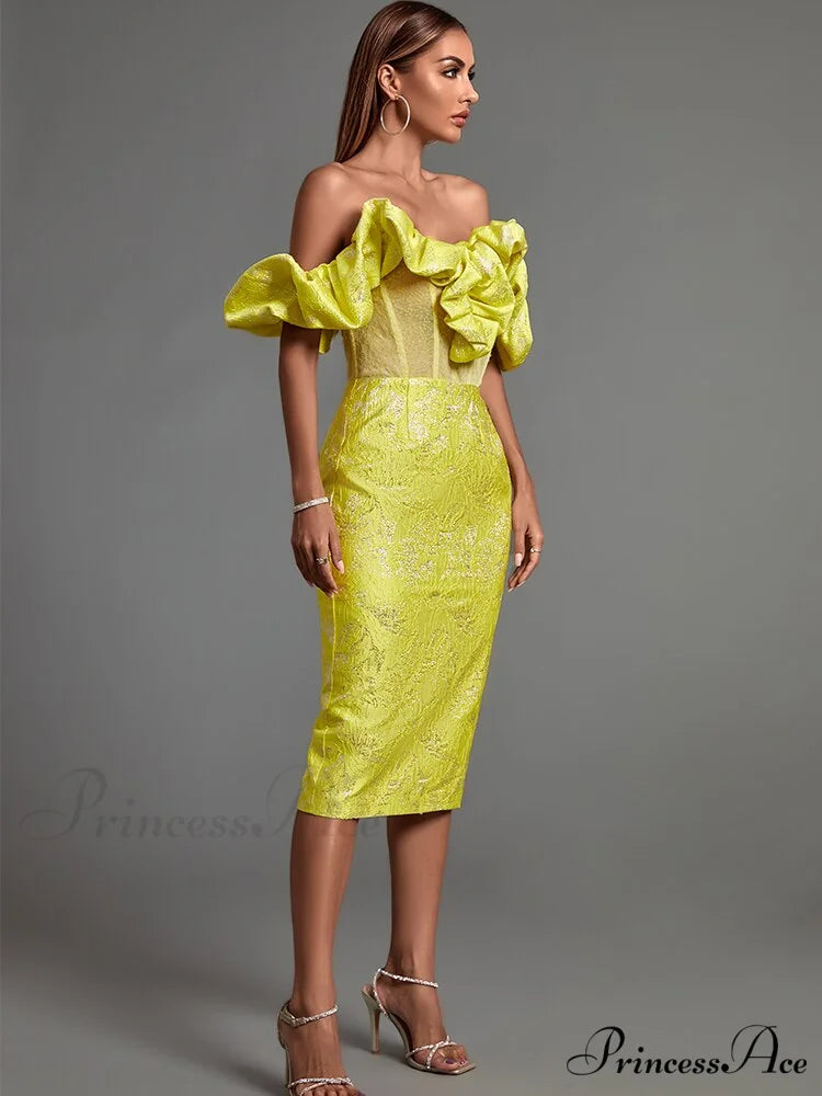 Yellow Bodycon Dress Elegant Sexy Ruffle Club Dress