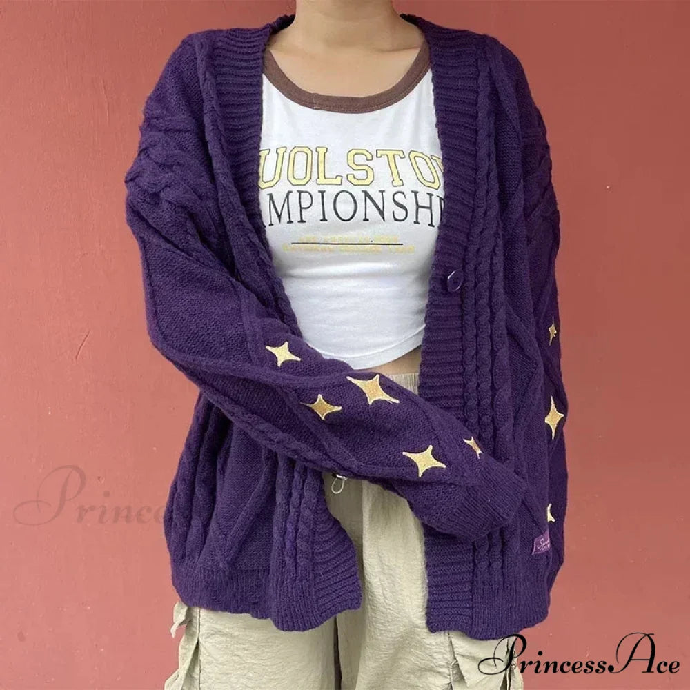Yellow Celestial Stitch Button Sweater purple / S cardigans-241228