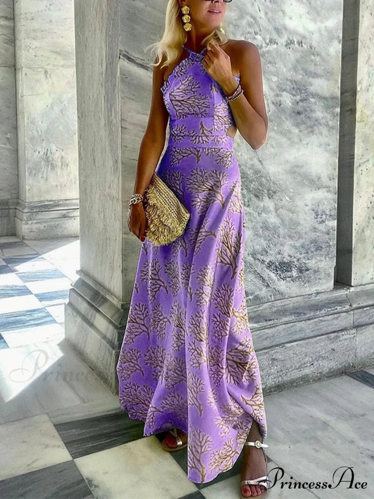 Yellow Printed Halter Backless Dress S / Yellow