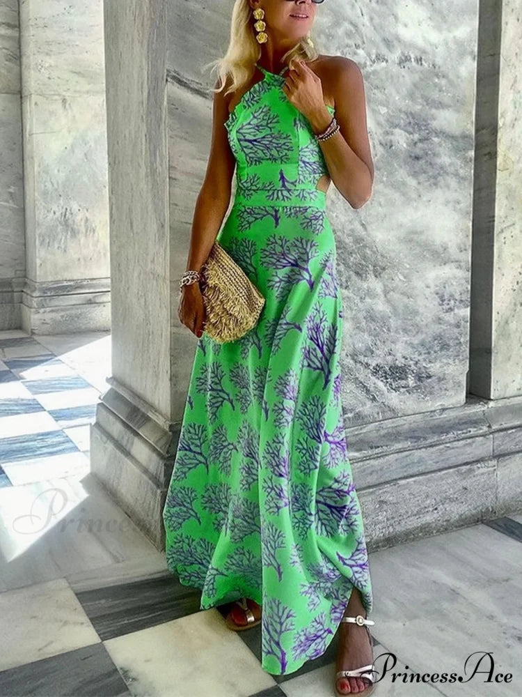Yellow Printed Halter Backless Dress S / Purple