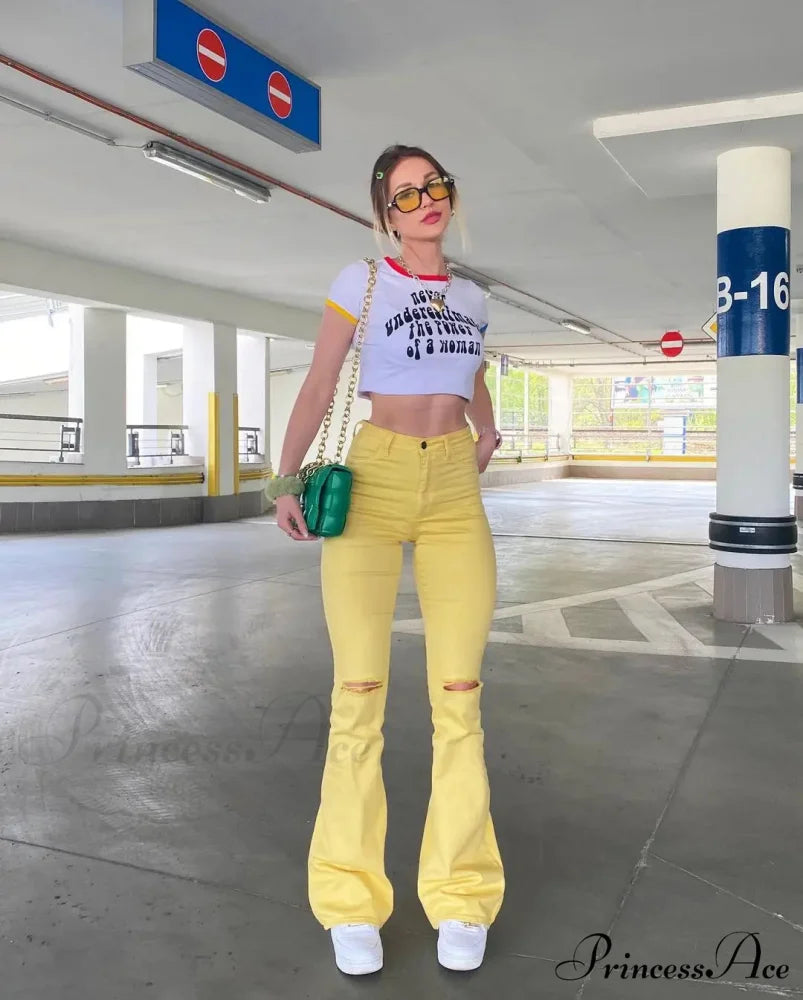 Yellow Ripped Women Flare Lady Stretch Vintage High Waist Denim Pants Lady Y2K Punk Streetwear Slim Bell Bottom