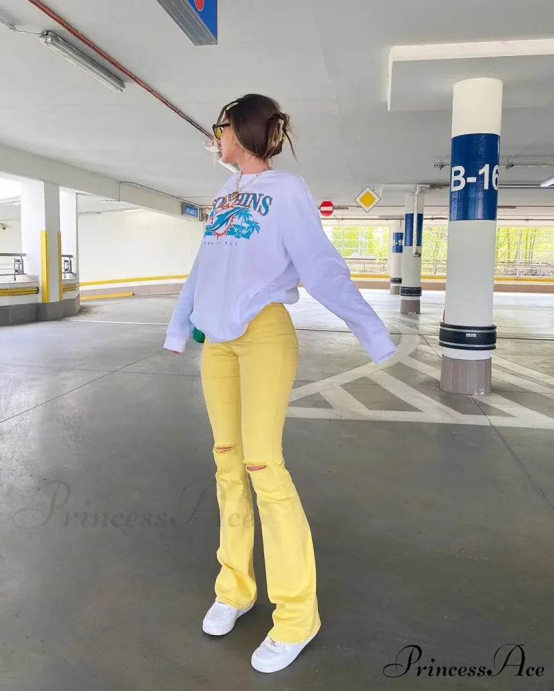 Yellow Ripped Women Flare Lady Stretch Vintage High Waist Denim Pants Lady Y2K Punk Streetwear Slim Bell Bottom