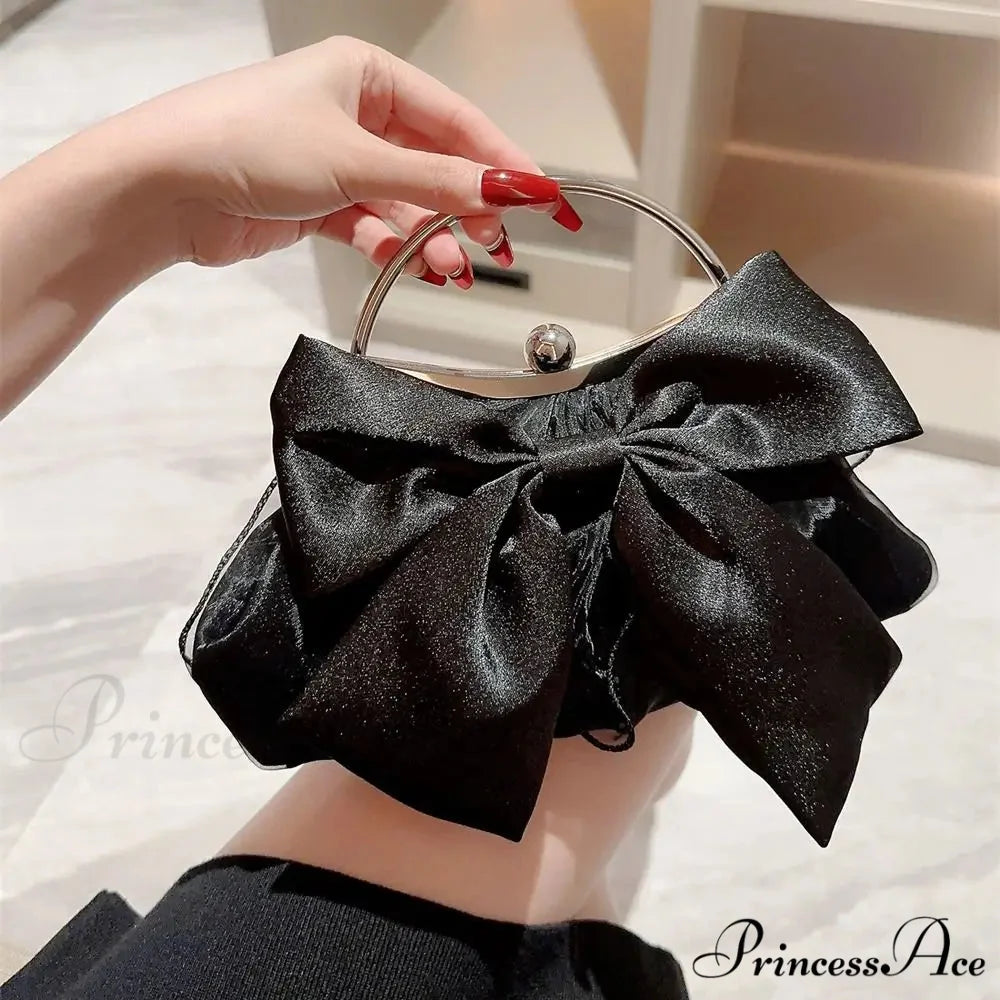 Yellow Silk Bowknot Evening Bag Women Sophisticated Banquet Shoulder Handbag Black clutchbag-250126