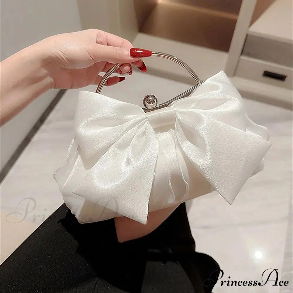 Yellow Silk Bowknot Evening Bag Women Sophisticated Banquet Shoulder Handbag White clutchbag-250126