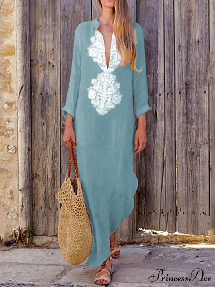 Yellow V-neck Maxi Dress with Long Sleeves and Split Sides S / Yellow