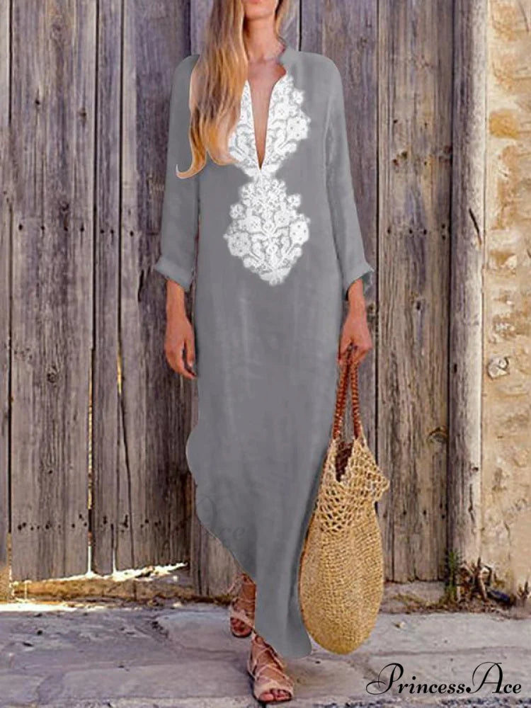 Yellow V-neck Maxi Dress with Long Sleeves and Split Sides S / Gray