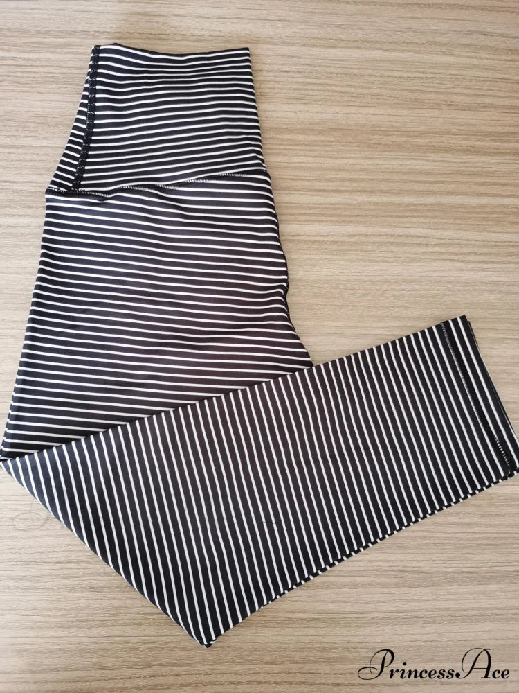 Yoga Crop High Waist Sports Capris Leggings Black White Stripe / XXS(2)