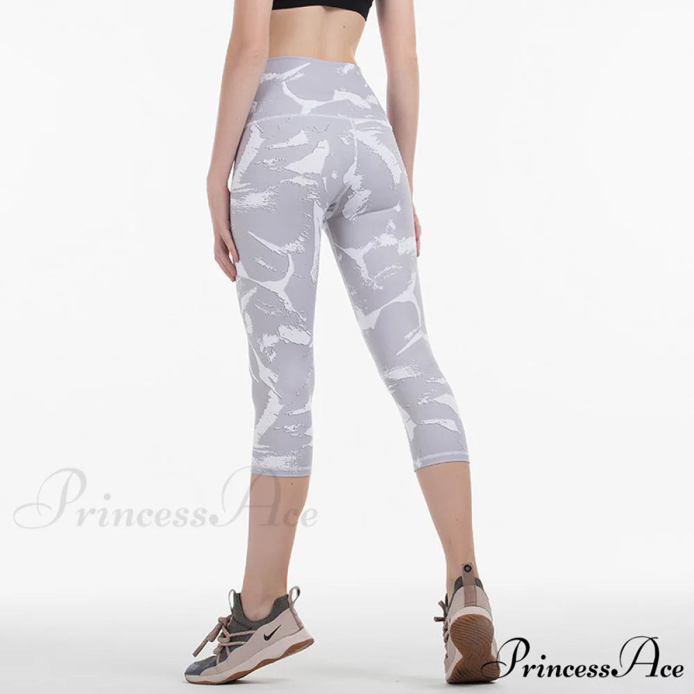Yoga Crop High Waist Sports Capris Leggings White Gray Print / XXS(2)