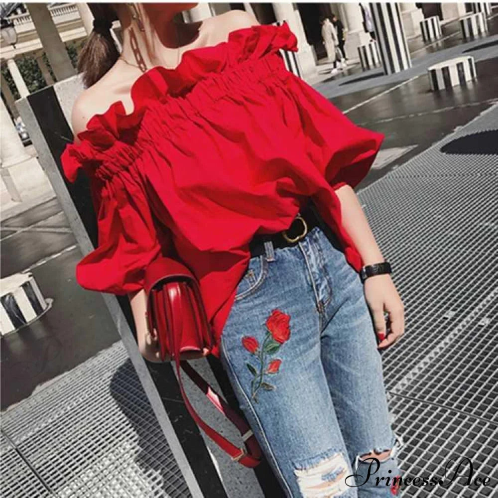 Youth Korean the Designer Fashion Blouses Blouse Arm Luxury Off Woman Puff shoulder Ruffles Tops Elegant New