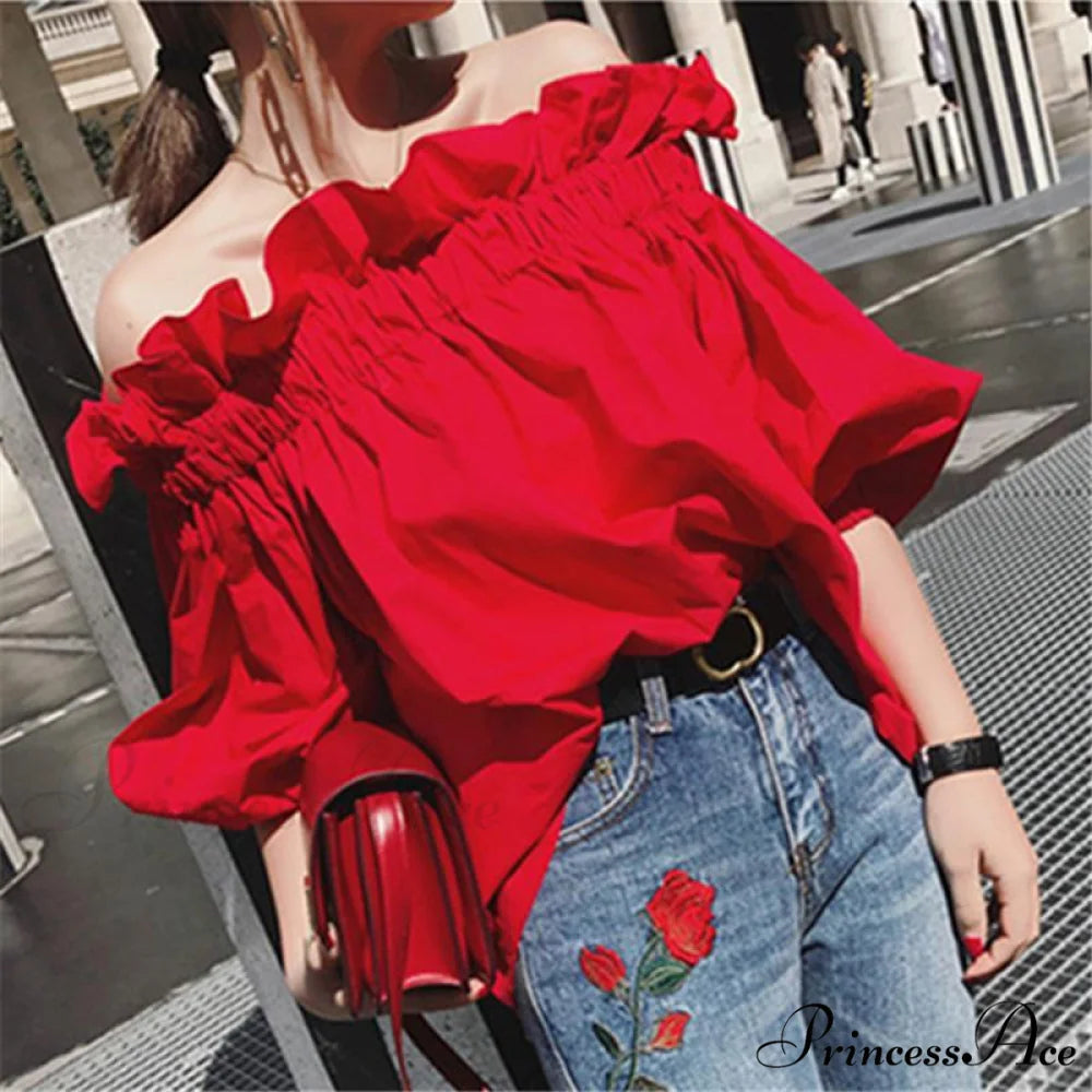 Youth Korean the Designer Fashion Blouses Blouse Arm Luxury Off Woman Puff shoulder Ruffles Tops Elegant New