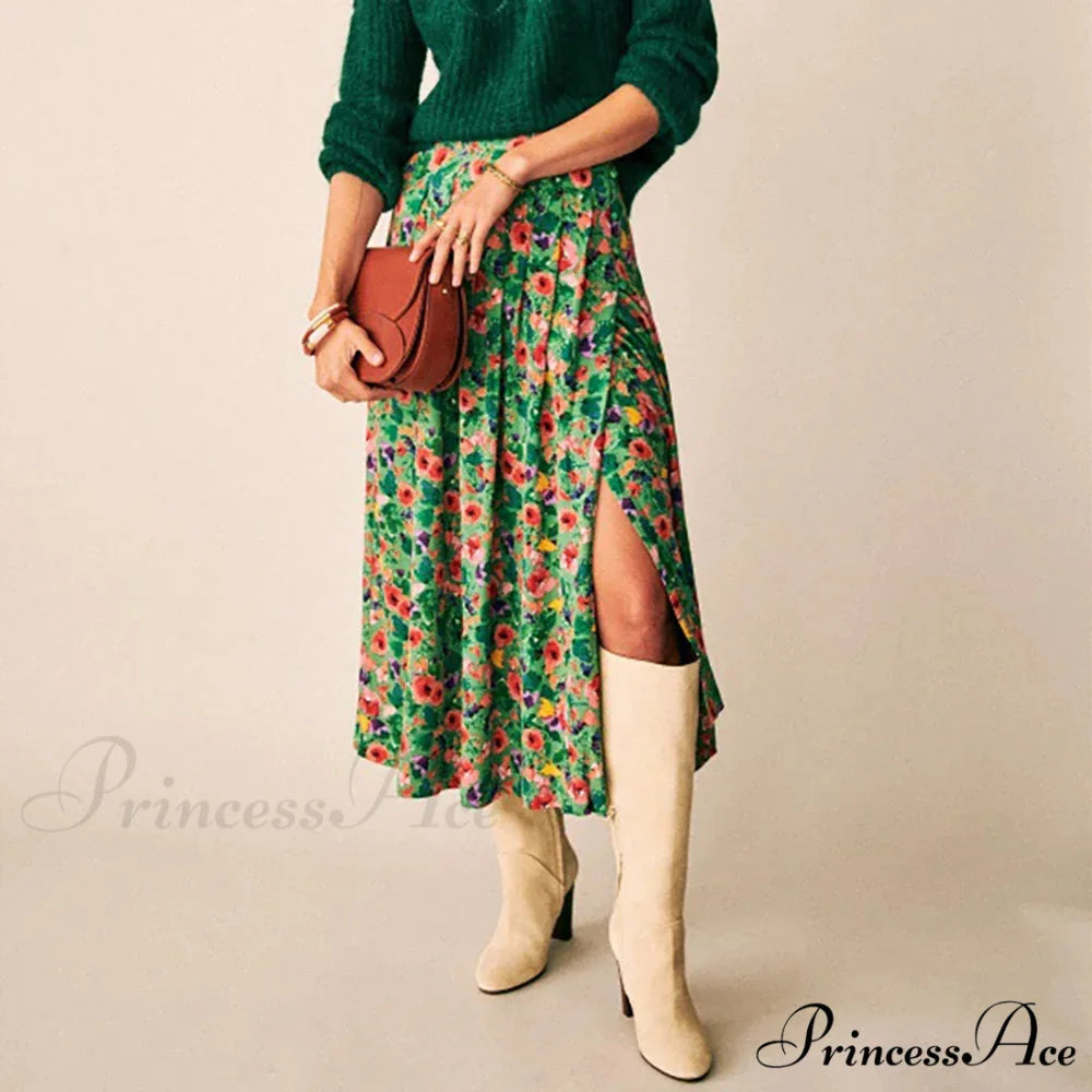 ZESSAM Bloom Illustration Printed High Rise Midi Informal Lady Skirt skirt / S skirt-250126