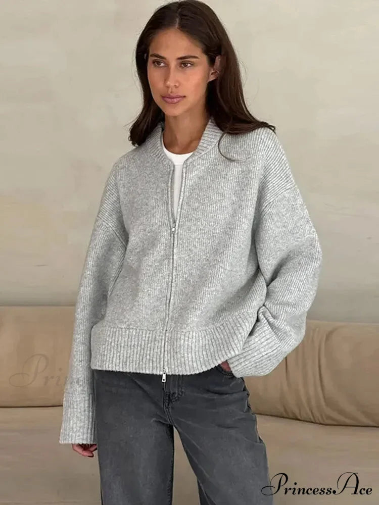 Zip Fastener Circular Neck Baggy Stylish Cardigan cardigans-241228