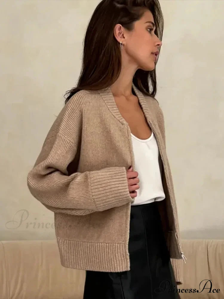 Zip Fastener Circular Neck Baggy Stylish Cardigan cardigans-241228