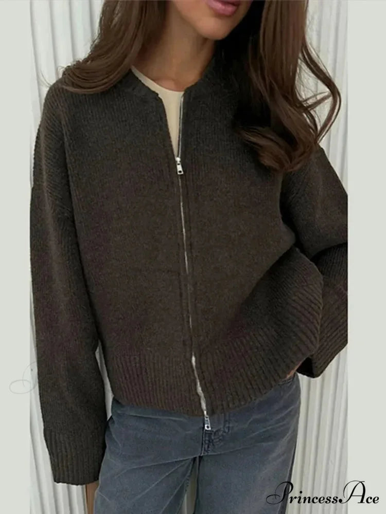 Zip Fastener Circular Neck Baggy Stylish Cardigan Grey / S cardigans-241228