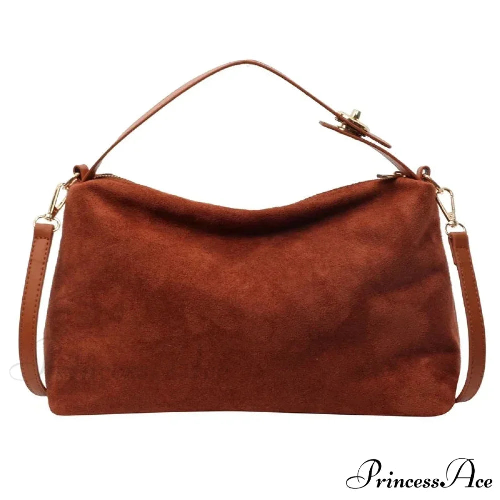 Zip Strong Sewing Thread PU Large Capacity Shoulder Handbag Brown handbag-250126