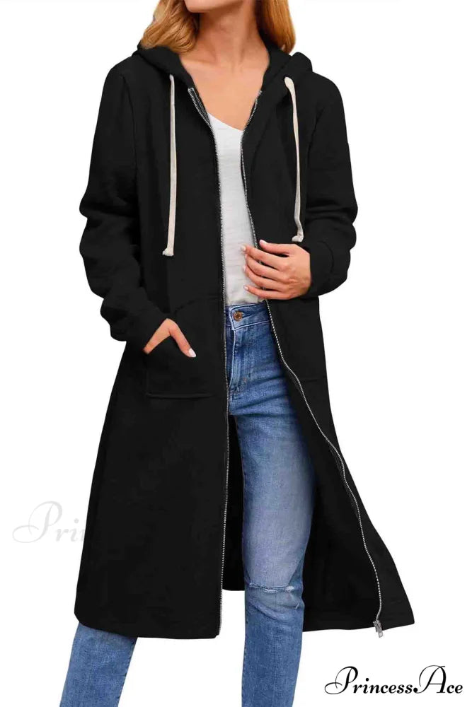 Zip Up Hooded Long Drawstring Cardigan Black / S
