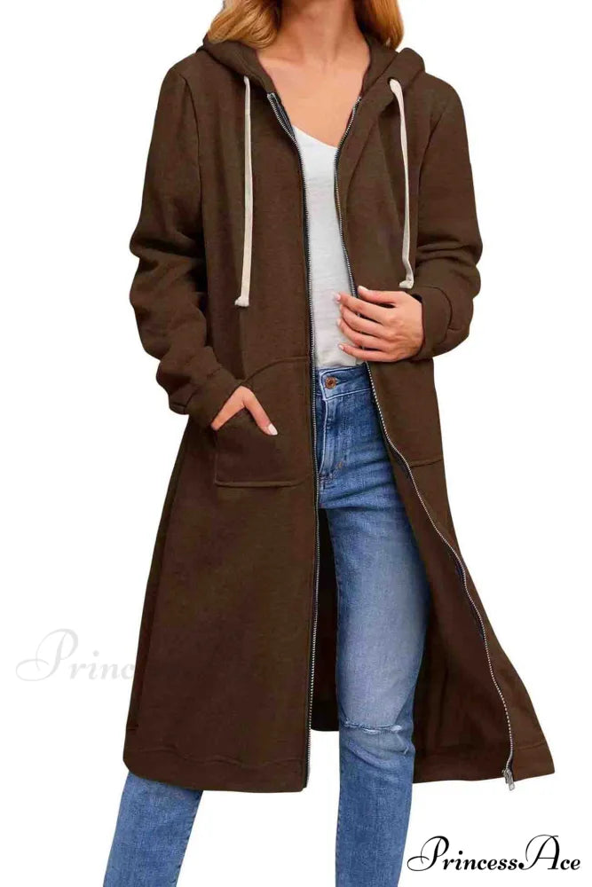 Zip Up Hooded Long Drawstring Cardigan Coffee Brown / S
