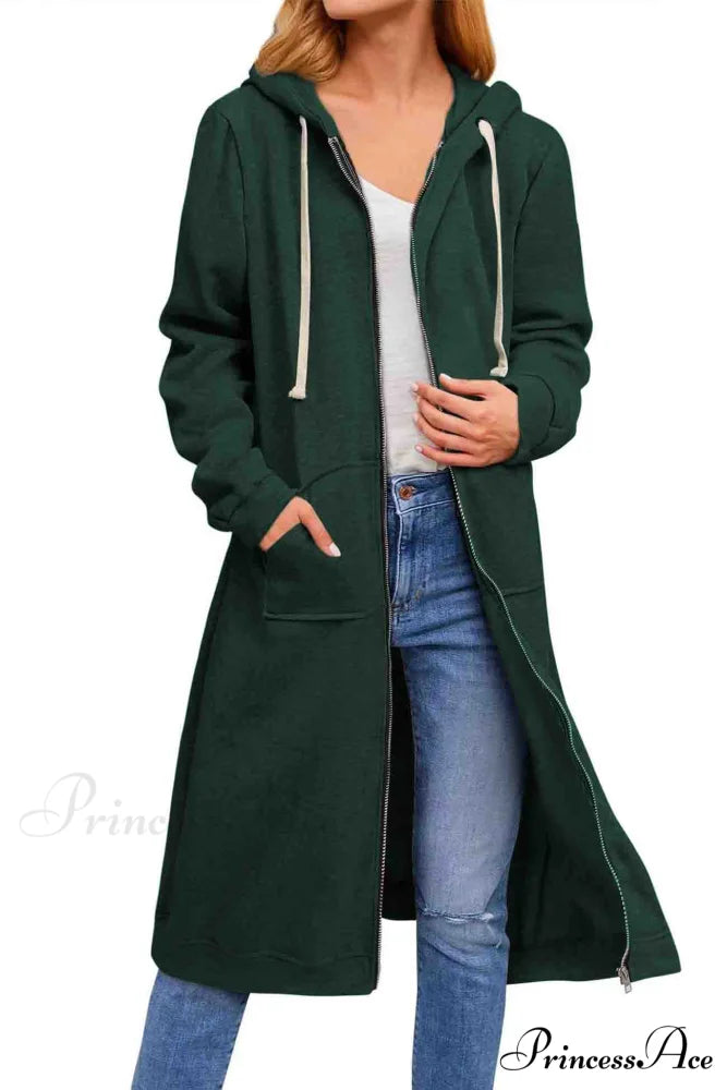 Zip Up Hooded Long Drawstring Cardigan Green / S