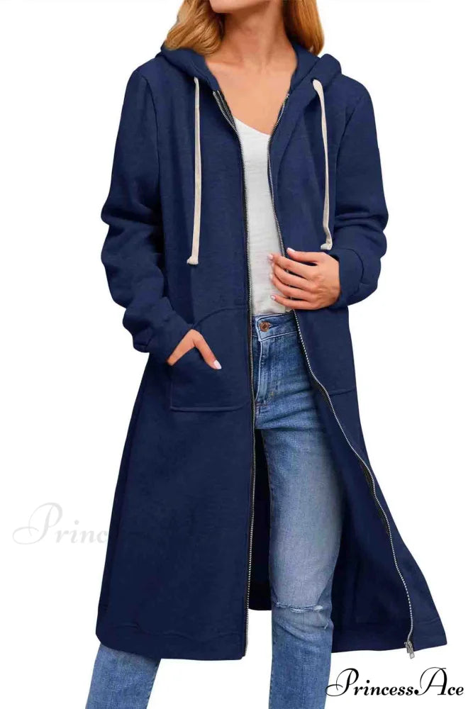 Zip Up Hooded Long Drawstring Cardigan Navy Blue / S
