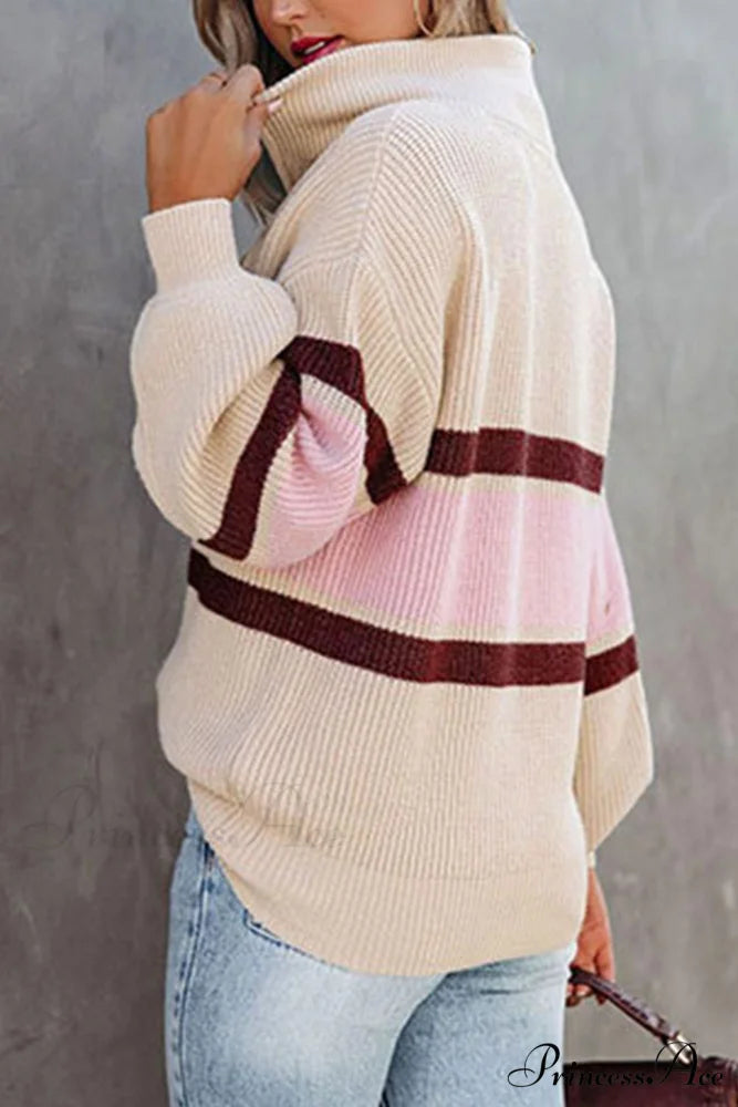 Zip-up Sweater with Lapel Beige / L