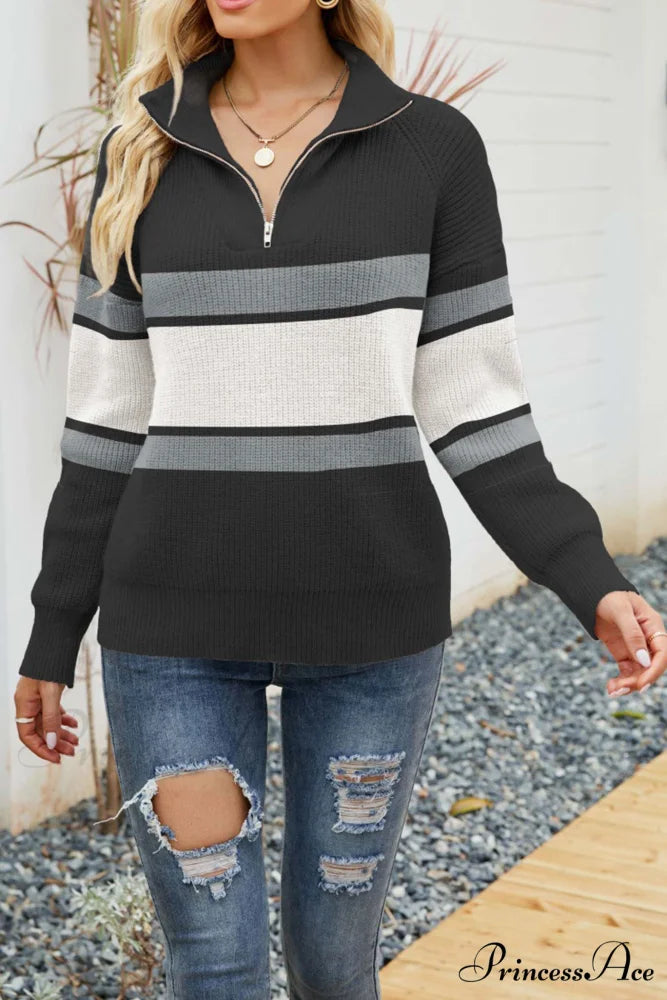 Zip-up Sweater with Lapel Black / L