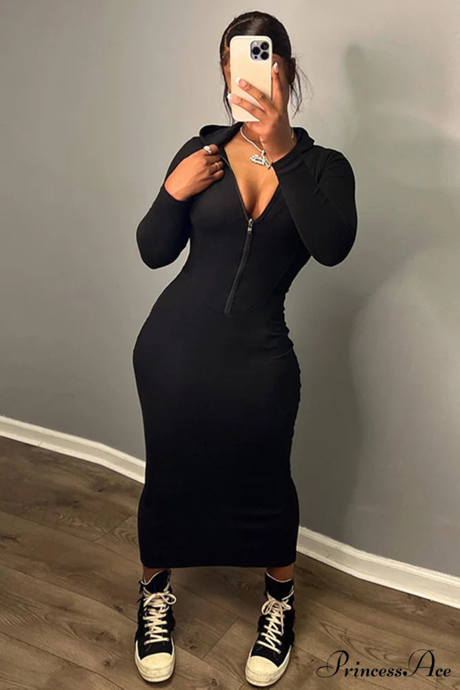 Zipper Hoodie Dress Black / S
