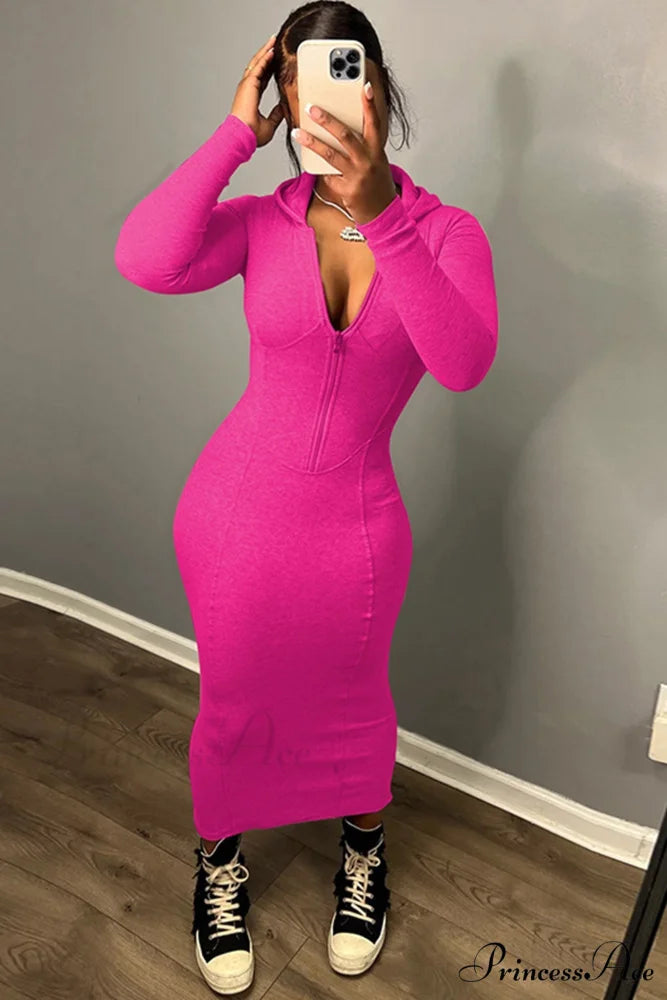 Zipper Hoodie Dress Rose / S