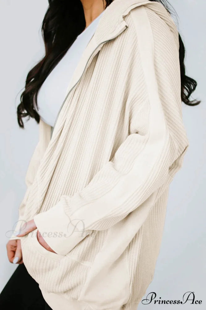 Zipper Waffle Hoodie Beige / XL