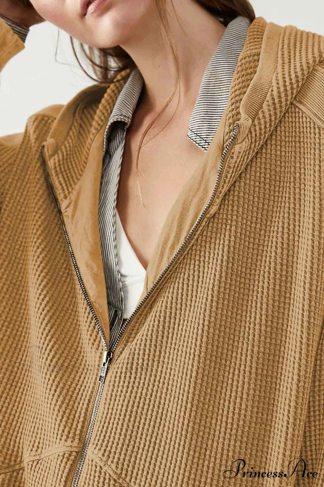 Zipper Waffle Hoodie Brown / XL