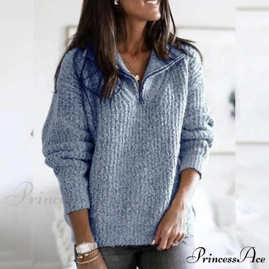 Zipper Women’s Sweater Pullover Casual Color Solid Arm Long Cardigans Blue / S