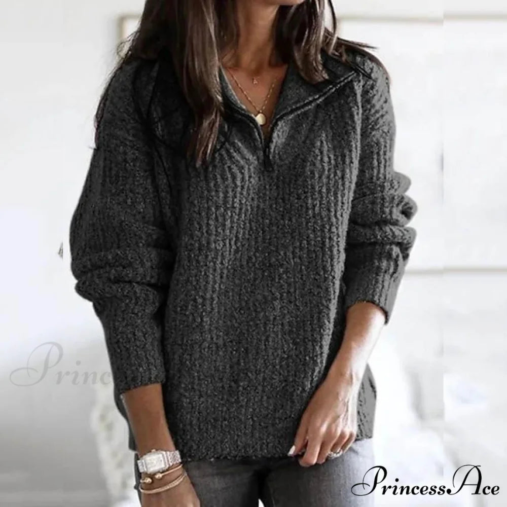 Zipper Women’s Sweater Pullover Casual Color Solid Arm Long Cardigans Gray / S