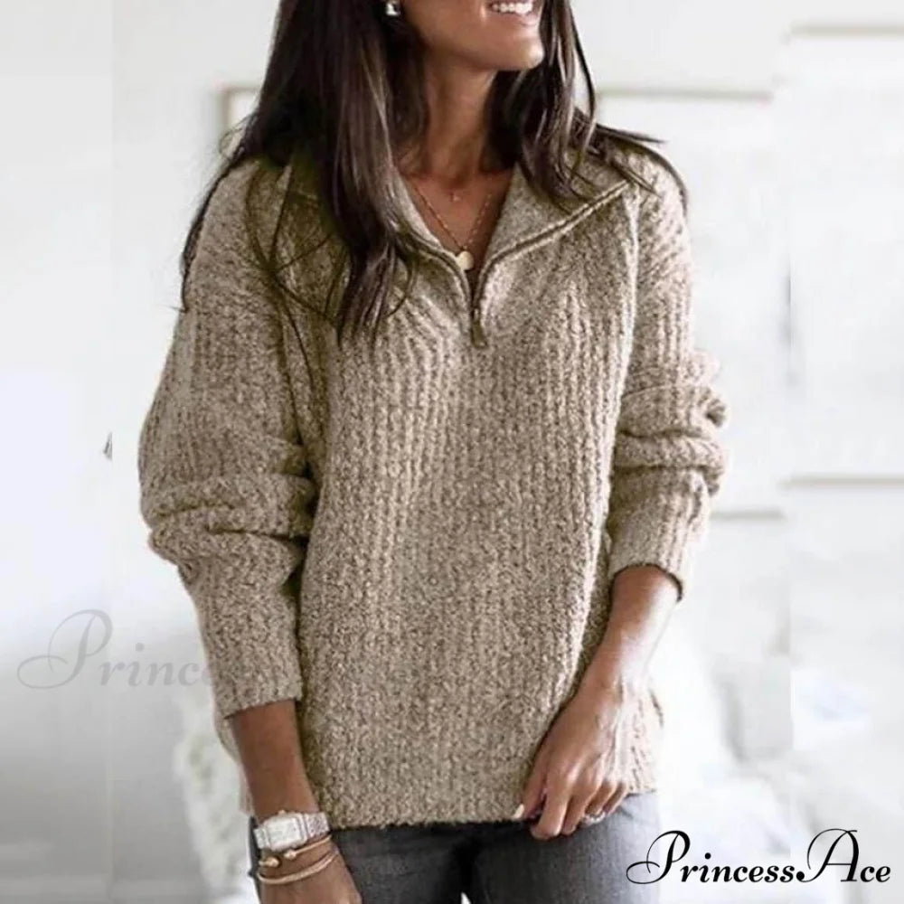 Zipper Women’s Sweater Pullover Casual Color Solid Arm Long Cardigans Khaki / S