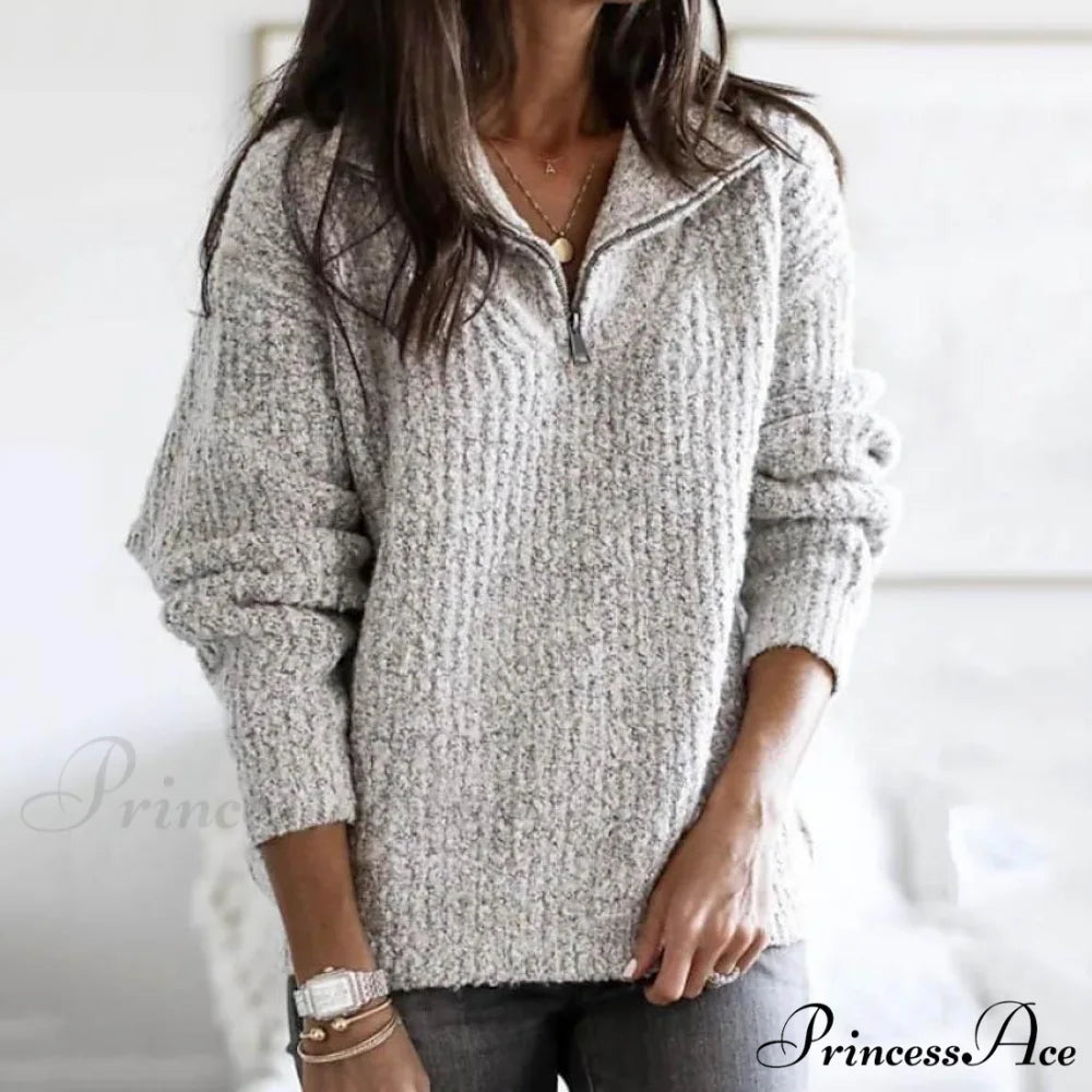 Zipper Women’s Sweater Pullover Casual Color Solid Arm Long Cardigans Light Gray / S