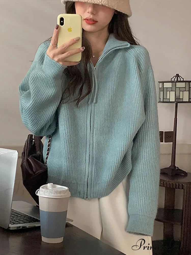 Zippered Knit Cardigan Modified Output: Enclosed Knitted Cardigan Blue / One Size cardigans-241228