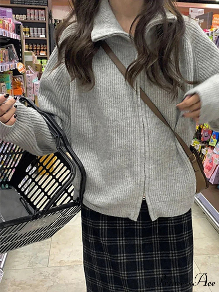 Zippered Knit Cardigan Modified Output: Enclosed Knitted Cardigan GRAY / One Size cardigans-241228