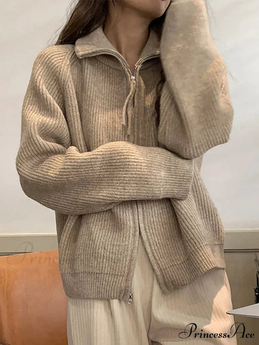 Zippered Knit Cardigan Modified Output: Enclosed Knitted Cardigan Oatmeal / One Size cardigans-241228