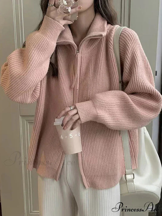 Zippered Knit Cardigan Modified Output: Enclosed Knitted Cardigan Pink / One Size cardigans-241228