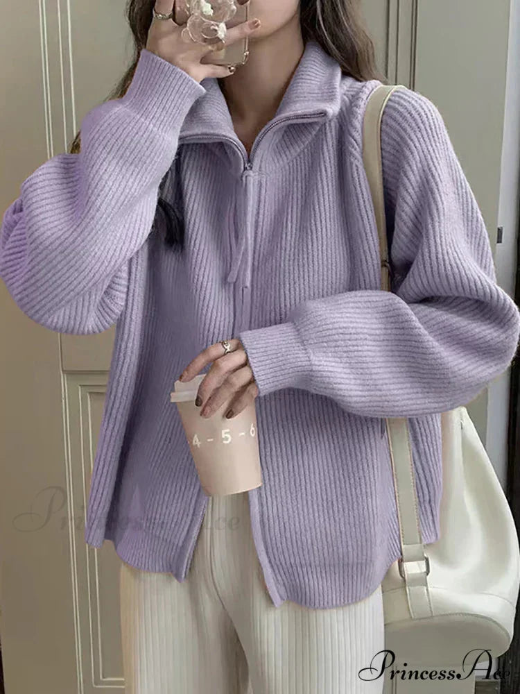 Zippered Knit Cardigan Modified Output: Enclosed Knitted Cardigan PURPLE / One Size cardigans-241228