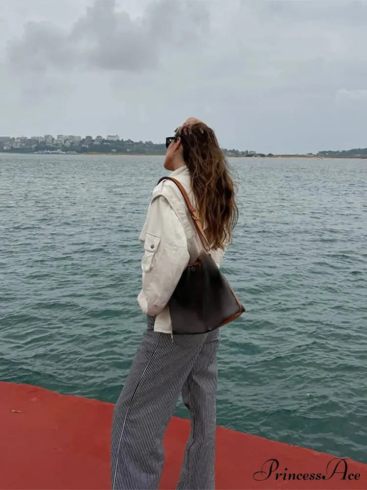 Zippered Spliced Motorcycle Fashionable Solid Stand Neck Long Sleeve Short Autumn Coat