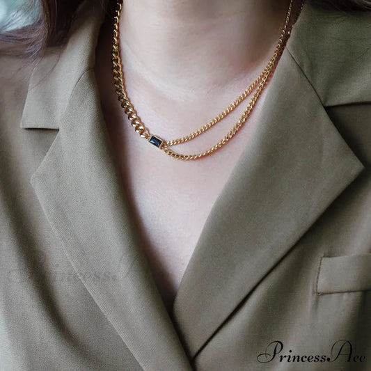 Zircon Double Chain Necklace Gold / 42CM plus 4CM